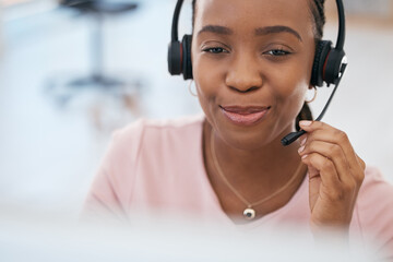 Black woman, call center and smile for consulting customer service or telemarketing at the office....