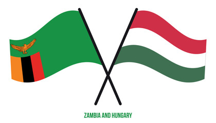 Zambia and Hungary Flags Crossed And Waving Flat Style. Official Proportion. Correct Colors.