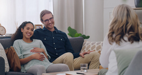 Happy, counseling and couple with a psychologist in an office for a therapy session together....