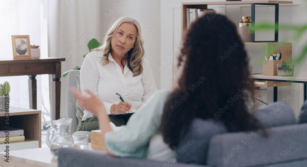 Poster Psychologist, woman in therapy and counseling meeting talking mental health, work burnout and anxiety or depression. Therapist office, mind wellness and professional psychiatrist to help psychology