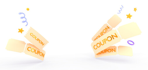 Lottery coupons, gift vouchers with blank place and flying confetti 3d render. Tickets to movie theater or transport boarding, invitation on concert or festival with spirals and stars