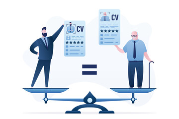 Large scales in balance. Applicants with resumes are on scales. Young and old job seekers are on equal footing. Equality, non-discrimination. Problems of employment. Stop ageism.