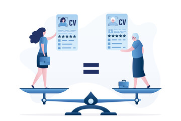 Large scales in balance. Women applicants with resumes are on scales. Young and old job seekers on equal footing. Equality, non-discrimination. Problems of employment. Stop ageism.