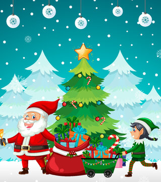 Christmas night with Santa Claus and elves