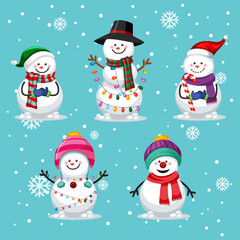 Set of different snowman in Christmas theme