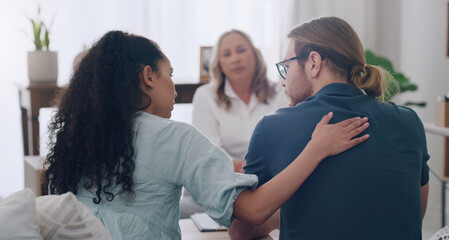 Marriage, counselling and couple in therapist office giving comfort, care and talking to partner....