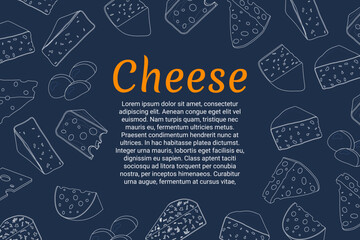 A set of cheese on a blue background.Camembert, Roquefort, maasdam, gouda, Dutch, mozzarella and feta.Background for flyers, banners and posters.Vector illustration.