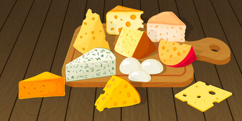 A set of cheese on a wooden table.Camembert, Roquefort, maasdam, gouda, Dutch, mozzarella and feta.Vector illustration.