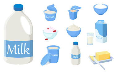 A set of fresh dairy products.Fresh milk,yoghurts,butter, sour cream,cream, ice cream .Illustrations in a hand-drawn style are isolated on a white background.