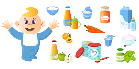 Baby food.A small child and a set of baby products.Milk powder, fruit puree, fermented milk products.Vector illustration.