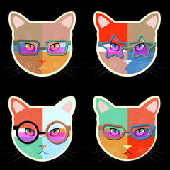 Vector cats in glasses set. Set of animal portraits with flat design. collection of cats. vector illustration.