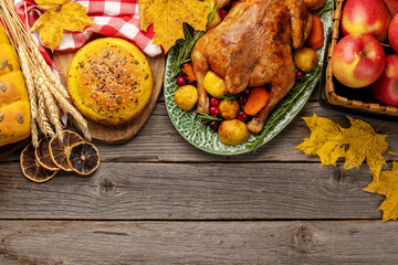 Fototapeta na wymiar Thanksgiving turkey on rustic table