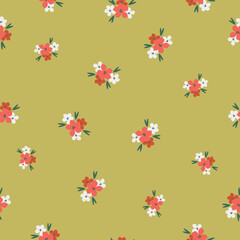 Cute floral pattern in a small flower. Seamless vector texture. An elegant template for fashionable prints. Print with small   white and red flowers . gold  background.