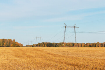 A power line passes through a field with yellow straw against a blue sky. In the background is a bright forest. Landscape of the countryside on a sunny, autumn day.