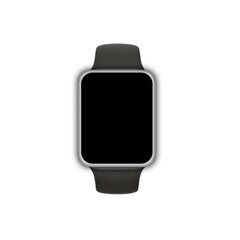 Black smart watch icon illustration. Flat smart watch. Wearable smart watch solid icon with black empty screen. Isolated smart watch, fitness band, front view.