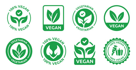 Vegan icon set. Bio, organic and healthy food symbol. Vegetarian and vegan label icon collection. Vector illustration. - obrazy, fototapety, plakaty