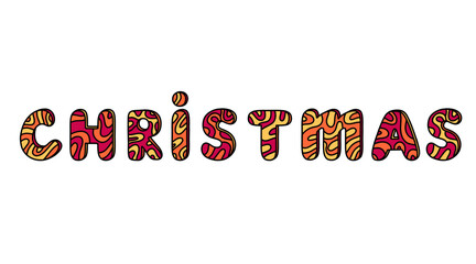 Christmas lettering in trendy retro 1970 hippie flat cartoon style with wave pattern. Vector illustration.