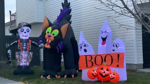 Inflatable halloween  decorations during the halloween night.