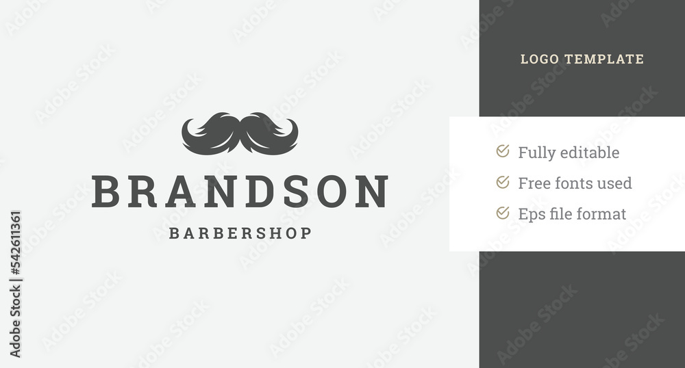 Wall mural vintage monochrome barbershop emblem male twisted mustache logo design template vector