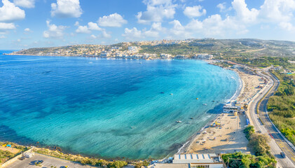Landscape with Mellieha Bay beach, Malta - obrazy, fototapety, plakaty