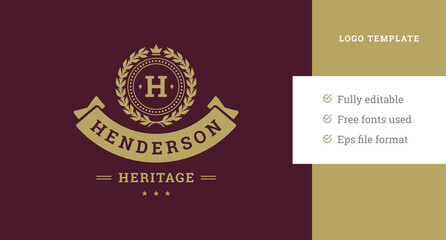 Luxury medieval decorative logo design template circle laurel wreath imperial crown ribbon vector