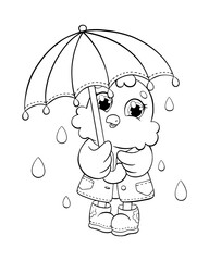 A little cute chicken stands under an umbrella. Coloring book page for kids. Cartoon style character. Vector illustration isolated on white background.