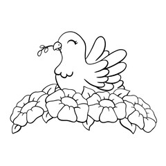 A cute dove with an olive branch in its beak. Coloring page for kids. Digital stamp. Cartoon style character. Vector illustration isolated on white background.