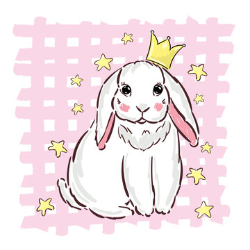 Hand Drawn Vector Princess Bunny Rabbit, Cute Cartoon Character Print