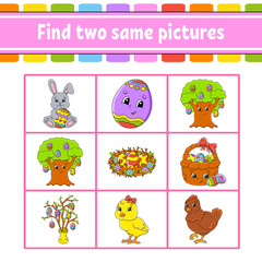 Find two same pictures. Task for kids. Education developing worksheet. Activity page. Color game for children. Easter theme. Funny character. Isolated vector illustration. cartoon style.