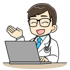 パソコンの前で案内紹介する男性医師