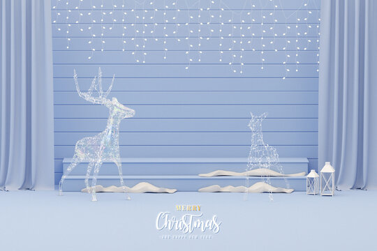 Reindeer with snow podium on pastel blue background. Stage for holiday winter concept and poster, banner, studio. Merry Christmas and Happy New Year 2023. 3D render