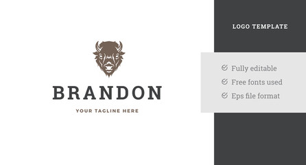 Brown furry bison head vintage logo design template natural environment habitant vector illustration