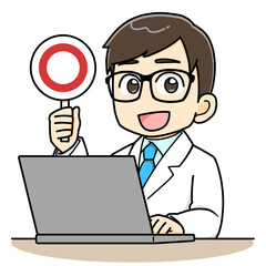 パソコンの前で◯の札をあげる白衣の男性