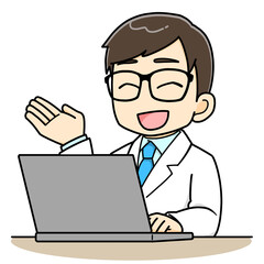 パソコンの前で案内紹介する白衣の男性