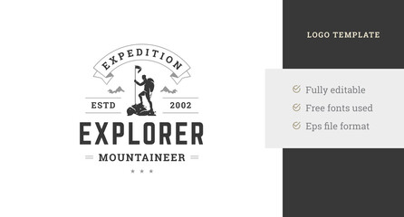 Male hiker with flag on mountain peak exploration achievement vintage logo design template vector