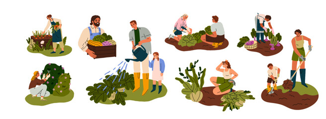 Farmers, gardeners during farm, garden works set. People, kid, agriculture workers care about plant, crop, picking vegetable at backyard. Flat graphic vector illustrations isolated on white background - Powered by Adobe