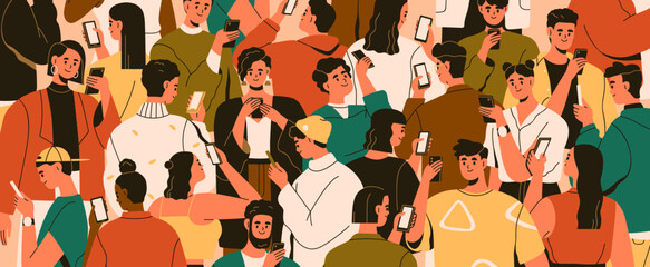 Crowd with mobile phones. Smartphone addiction problem, online life concept. Many people surfing internet, reading and scrolling social media, networks with gadgets. Colored flat vector illustration - obrazy, fototapety, plakaty