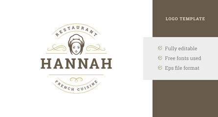 Female kitchen staff chef hat premium restaurant vintage logo design template golden ribbon vector