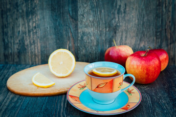 Healthy tea with lemon and apples. Vitamins, proper nutrition, health