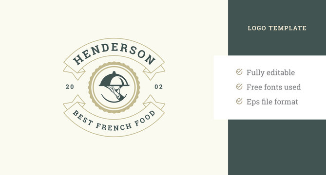 Restaurant staff waiter hand holding meal covered serving plate circle logo design template vector