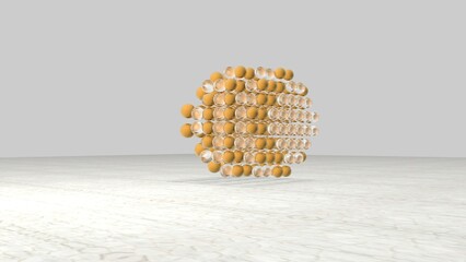 3d rendering. A sphere of small particles or balls hovers over a light plane. Light gray background. Gold and glass textures. The form is assembled as a constructor or a puzzle, or falls apart. - 542617344