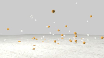 3D rendering. Abstract background. Balls, or bubbles, rise up from the surface or fall down to the surface and fall into it. Transparent glass and gold or yellow spheres. - 542617352