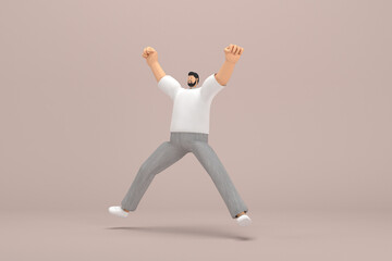 The man with beard wearinggray corduroy pants and white collar t-shirt.  3d illustrator of cartoon character in acting. He is jumping.