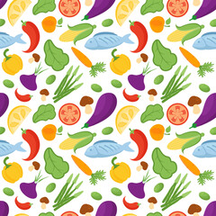 Vegetarian, Fruit and Vegetables Seamless Pattern Design with Fresh, Organic and Natural Food in Hand Drawn Flat Cartoon Background Illustration