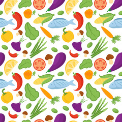 Vegetarian, Fruit and Vegetables Seamless Pattern Design with Fresh, Organic and Natural Food in Hand Drawn Flat Cartoon Background Illustration