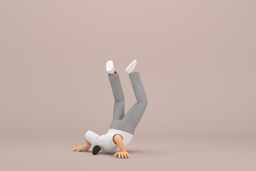 The man with beard wearinggray corduroy pants and white collar t-shirt.  He is doing exercise.  3d illustrator of cartoon character in acting.