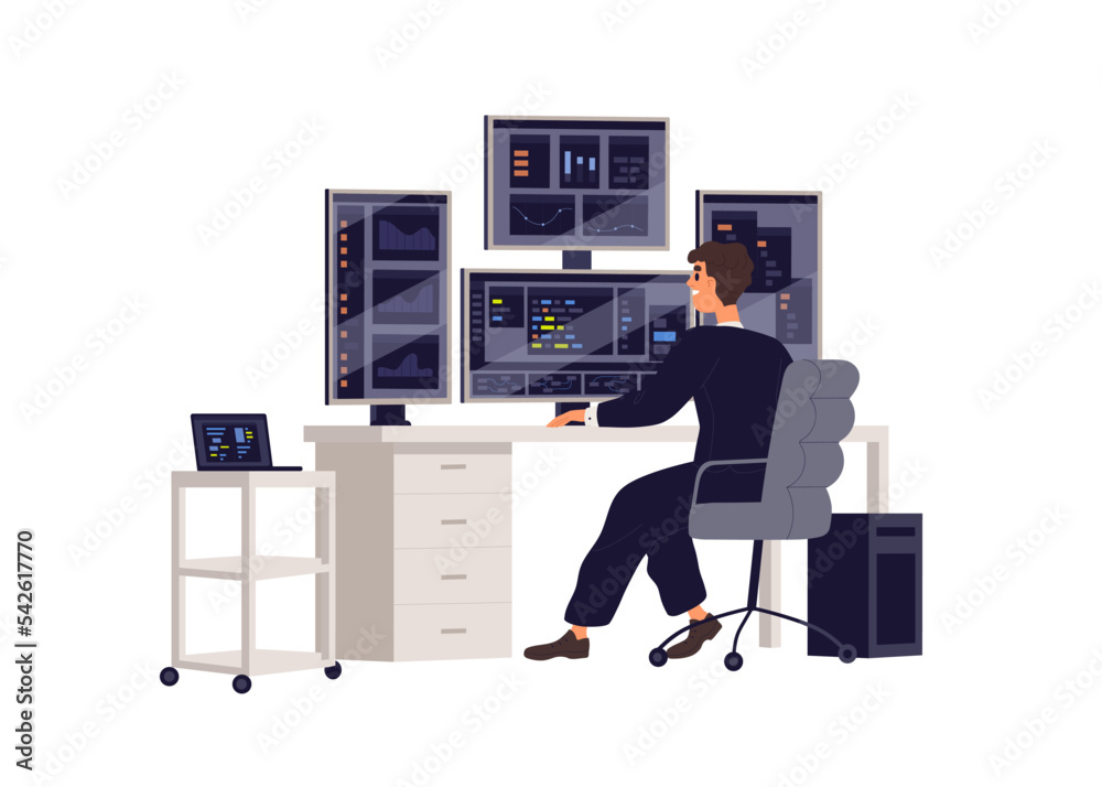 Aufkleber Big data analysis, monitor and management, information technology work. Administrator at computer with multiple-display, screen at datacenter. Flat vector illustration isolated on white background