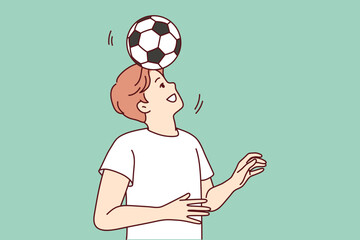 Happy young man playing football outdoors. Smiling guy with ball on head have fun enjoy sport activity. Vector illustration. 