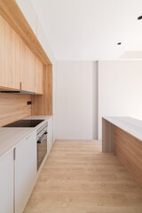Fototapeta na wymiar Modern kitchen interior with island and wooden furniture. Empty and bright refurbished apartment.