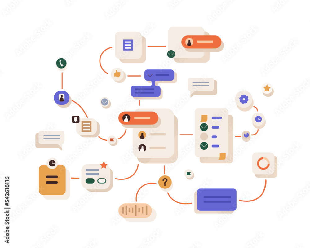 Poster Workflow, work organization concept. Project management process, abstract business system network, scheme with connections, interactions, tasks. Flat vector illustration isolated on white background